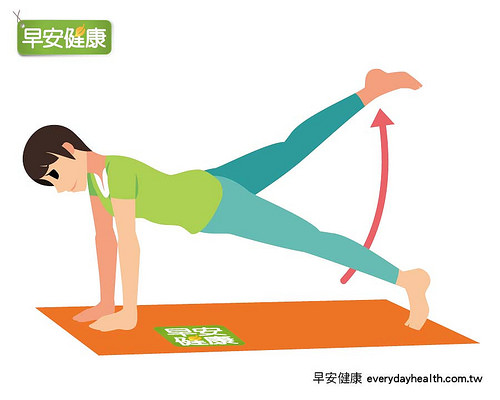 双手伸直撑地,一只脚抬高。