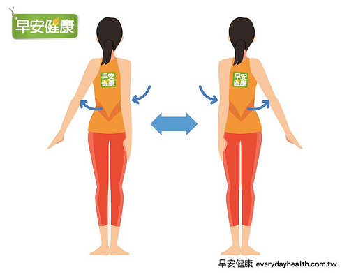 手心朝内并向后夹紧,让两侧肩胛骨尽量贴近,摆动手臂瘦身