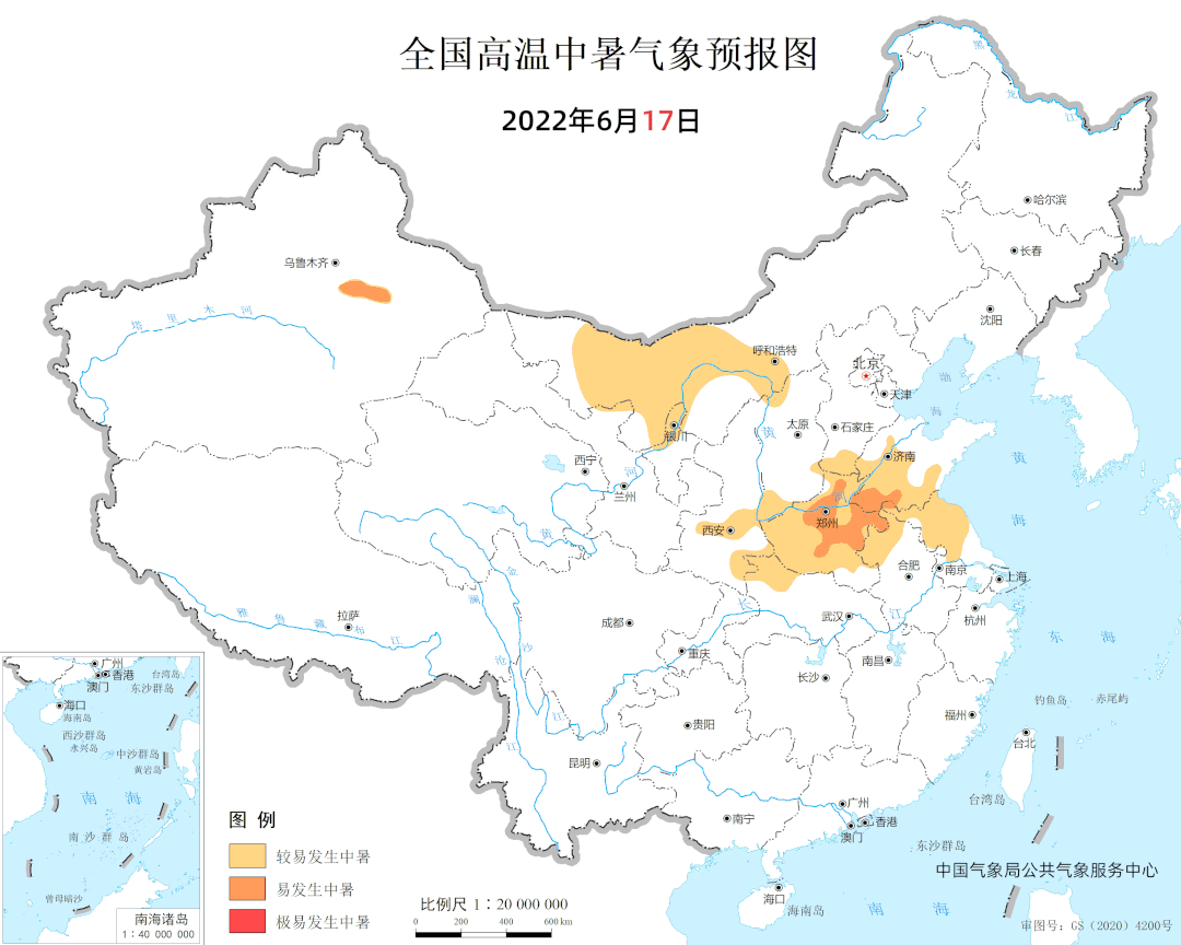 全国高温中暑气象预报图（6月17至20日）